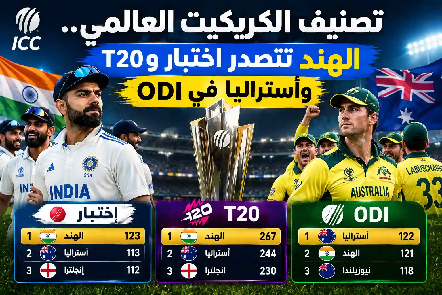 تصنيف الكريكيت العالمي.. الهند تتصدر اختبار وT20 وأستراليا في ODI